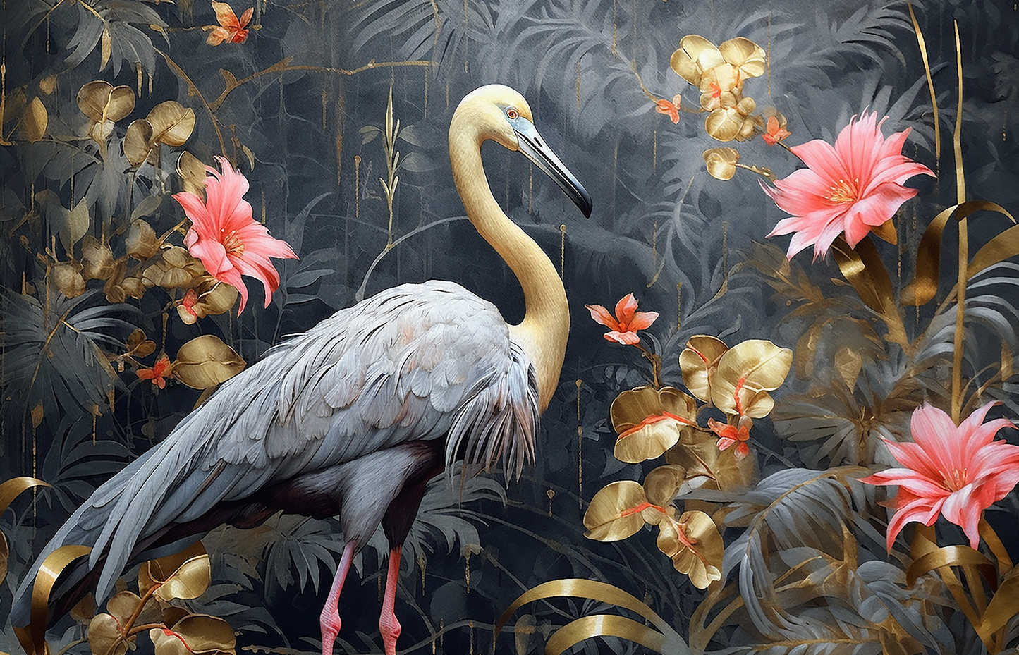 Grey Heron and Pink Flowers jor-0262