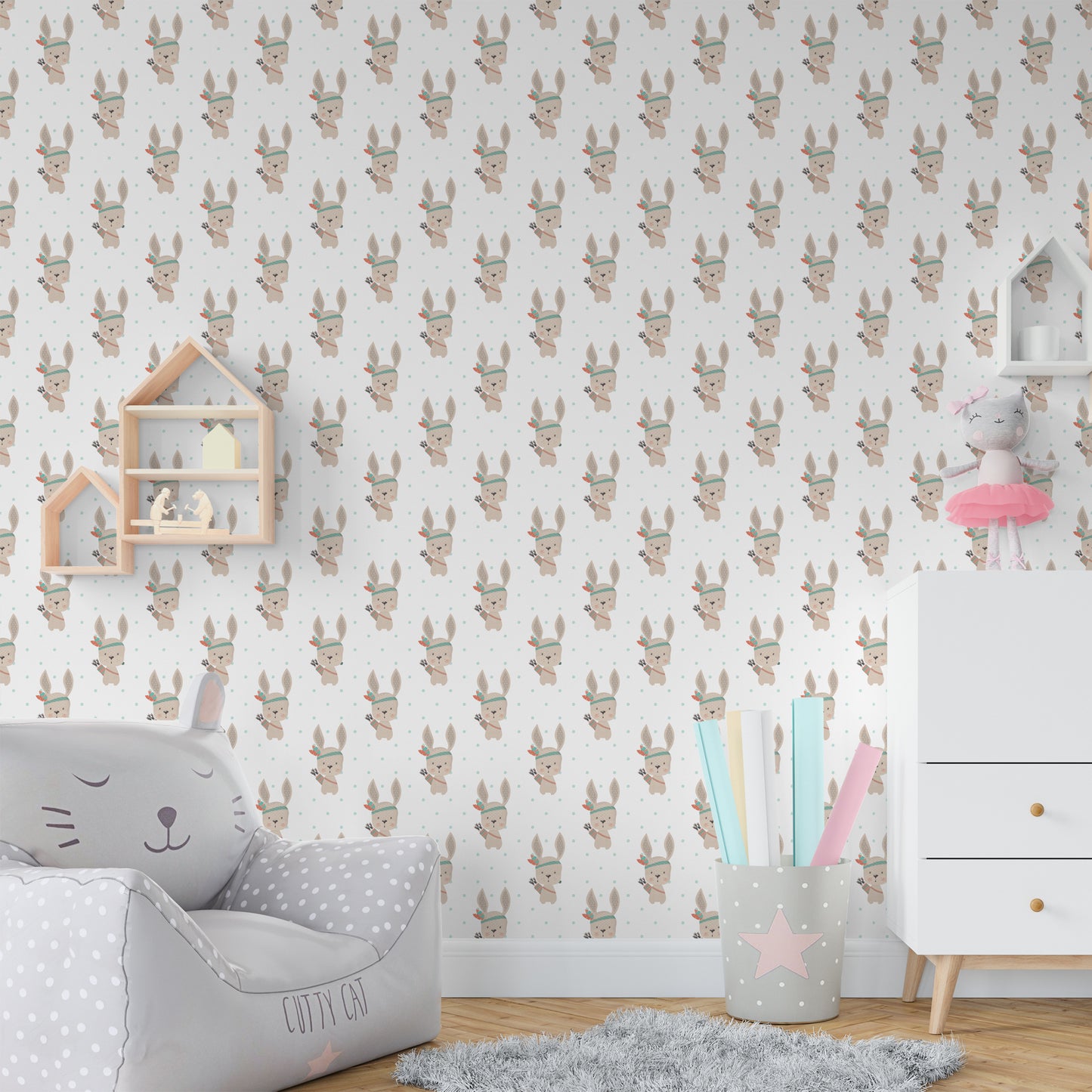 Baby Bunny Geometric Scandinavian Style Rabbit Kids Gender Neutral Black White Spring Wallpaper-jor-0007