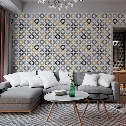 Geometric Floral Black Gold Abstract Flowers Traditional Wallpaper-jor-0015